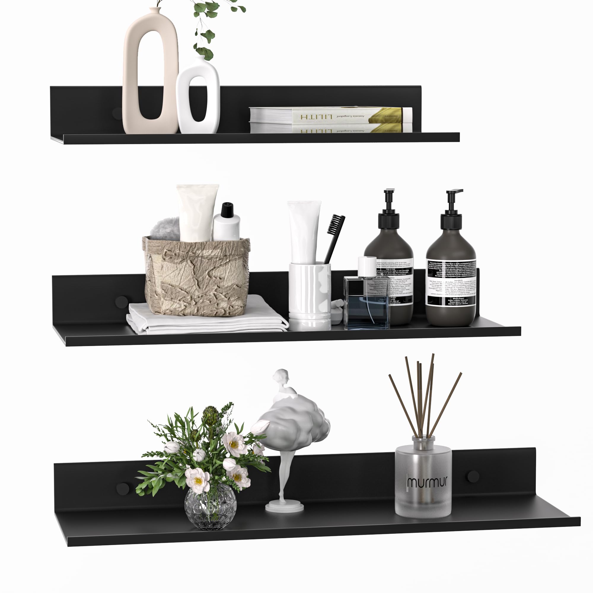Floating Wall Shelves — Set of 3, Black Metal